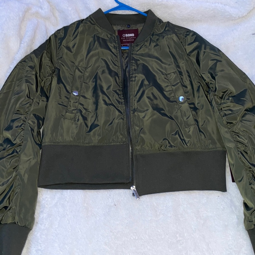 dark olive green cropped bomber jacket